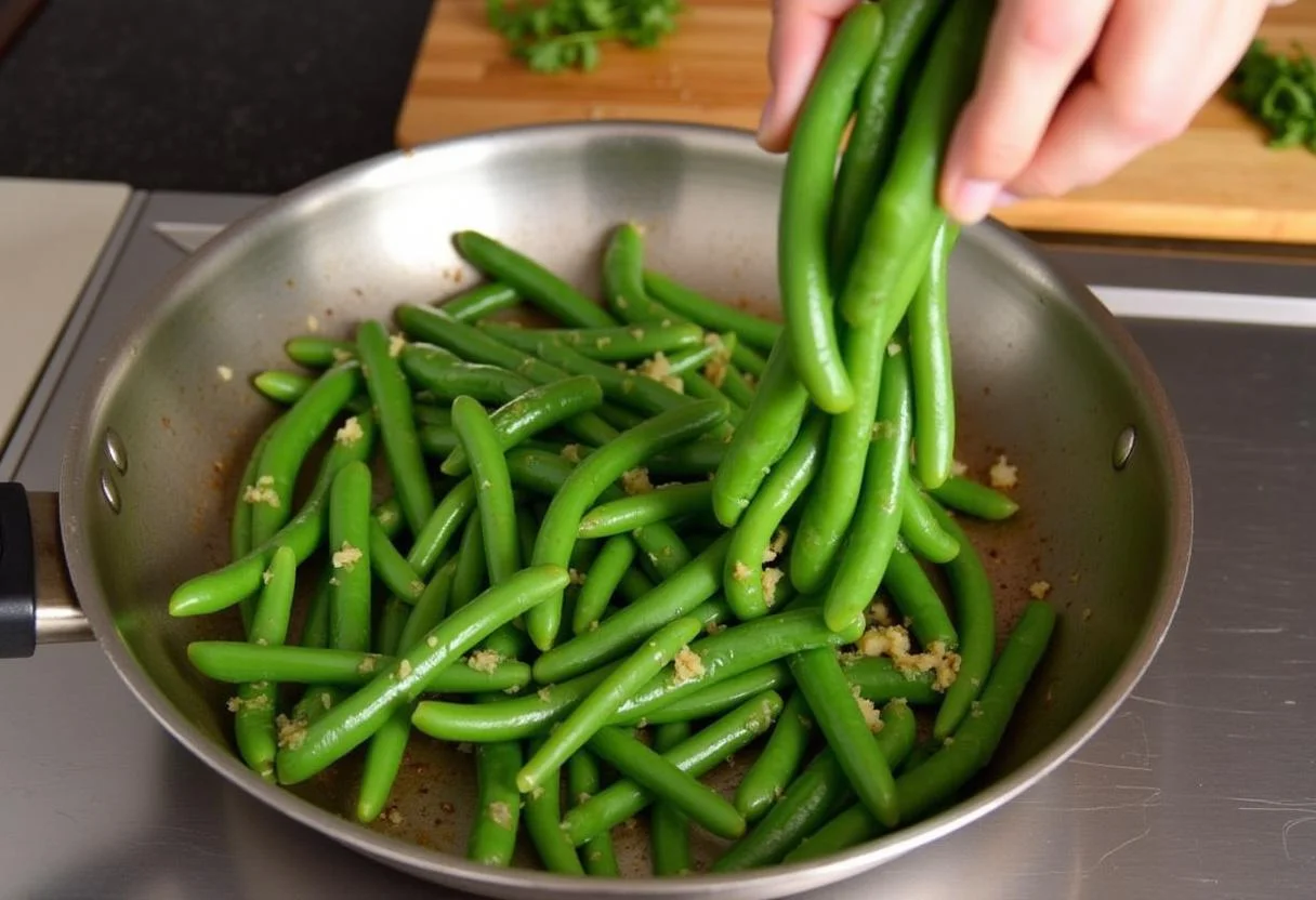 Mélanger les haricots verts blanchis avec l'ail et le persil sautés pour les Haricots Verts Ail et Persil.