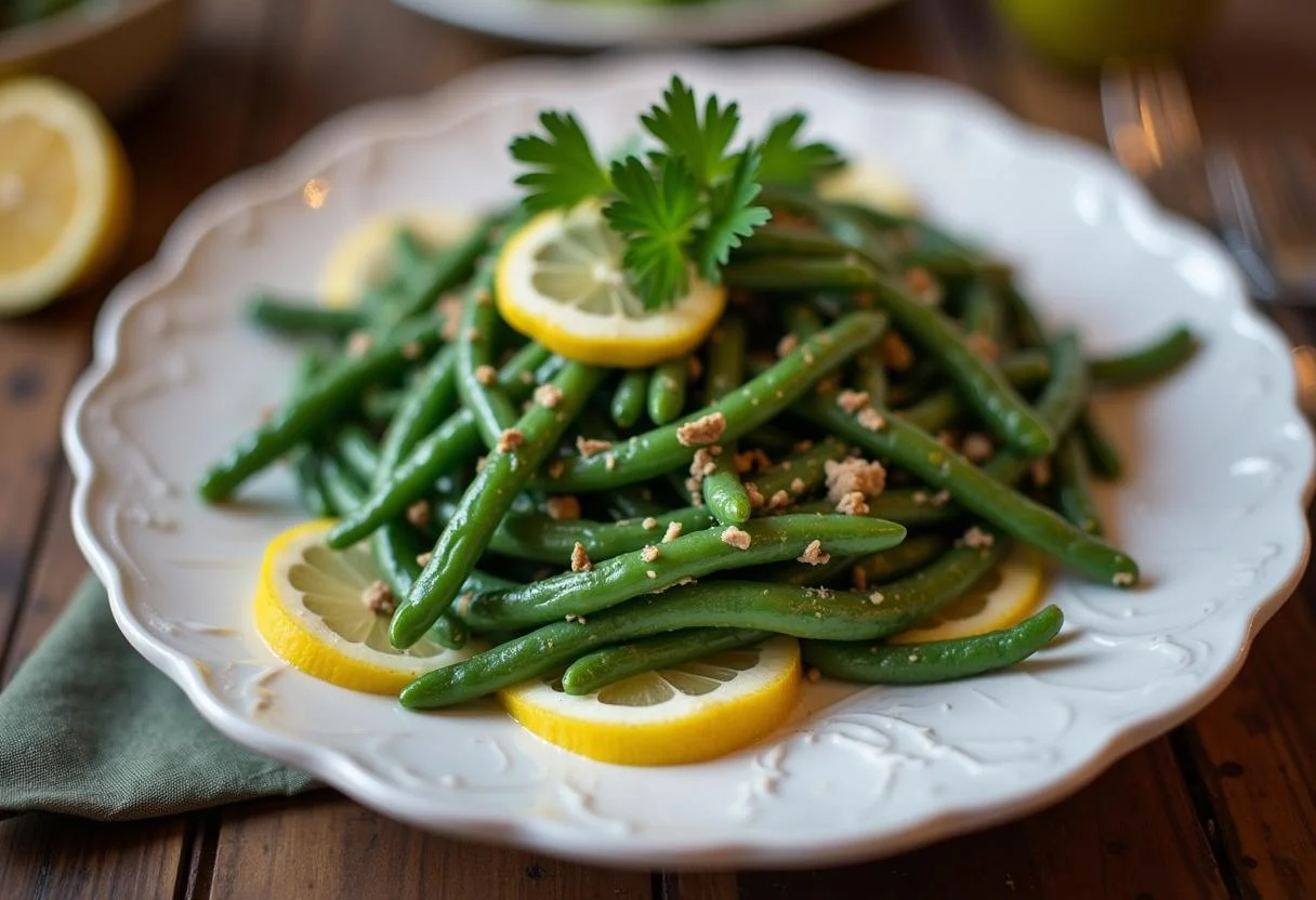 Haricots Verts Ail et Persil garnis sur une assiette prêts à servir.