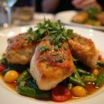 Assiette de hauts de cuisse de poulet juteux, garnie d'herbes fraîches, servie avec des légumes de saison sur une table à manger.