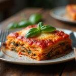 Lasagnes aux épinards et chèvre parfaitement cuites, prêtes à être servies avec une touche d'herbes fraîches.