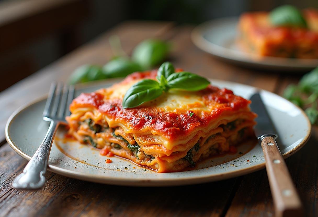 Lasagnes aux épinards et chèvre parfaitement cuites, prêtes à être servies avec une touche d'herbes fraîches.