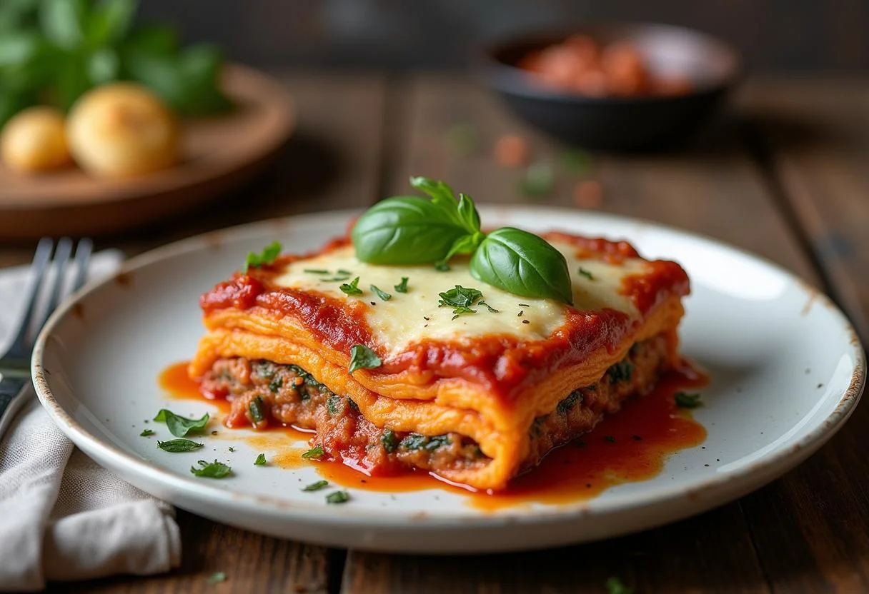 Lasagnes aux épinards et chèvre parfaitement cuites, prêtes à être servies avec une touche d'herbes fraîches.