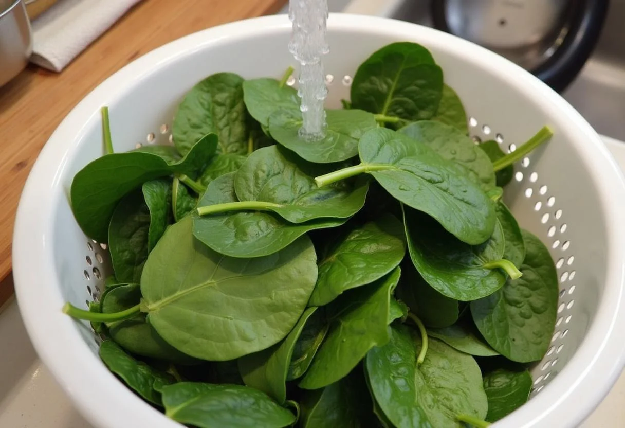 Légumes frais pour les lasagnes aux épinards et chèvre, épinards lavés en colander.
