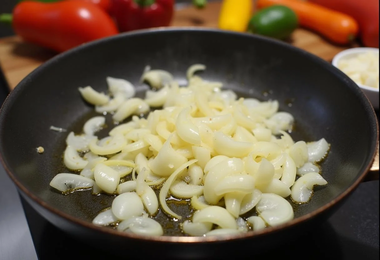 Préparation d'une garniture pour lasagnes aux épinards et chèvre, oignons et ail dans une poêle.