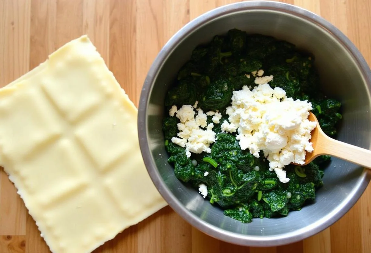 Mélange de fromages ricotta et chèvre avec des épinards pour lasagnes aux épinards et chèvre.