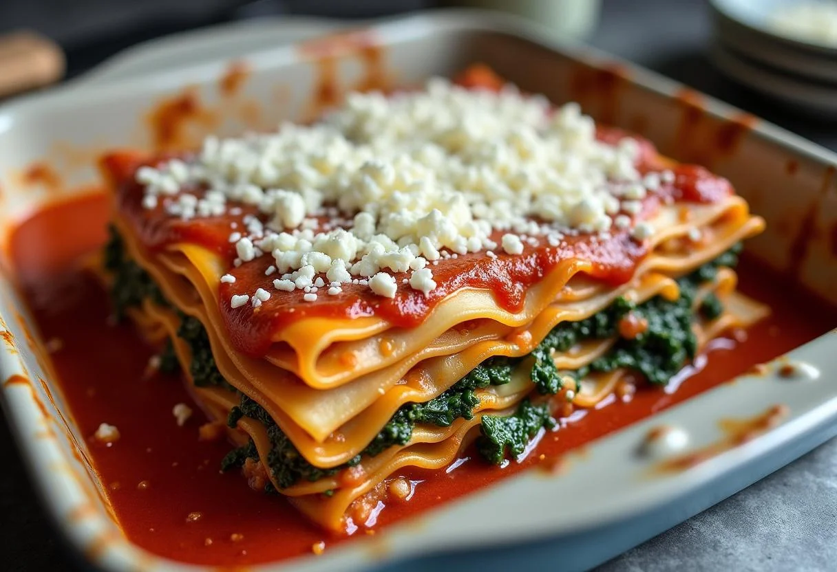 Assemblage des lasagnes aux épinards et chèvre dans un plat, avec sauce marinara et fromage mozzarella.