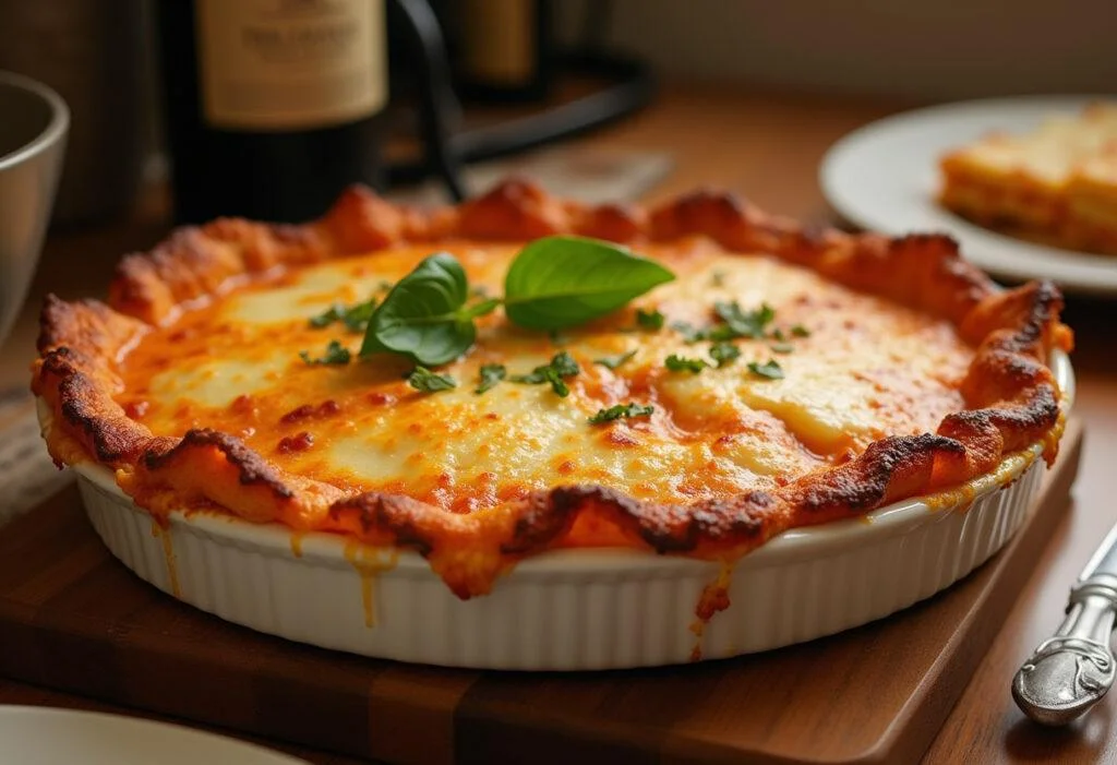 Lasagnes au poisson blanc et fruits de mer cuites à la perfection, présentées dans un cadre chaleureux et accueillant.