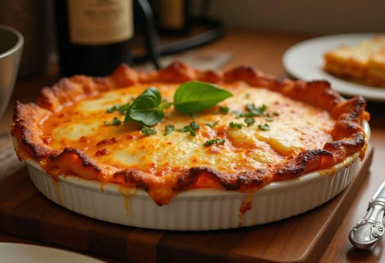 Lasagnes au poisson blanc et fruits de mer cuites à la perfection, présentées dans un cadre chaleureux et accueillant.