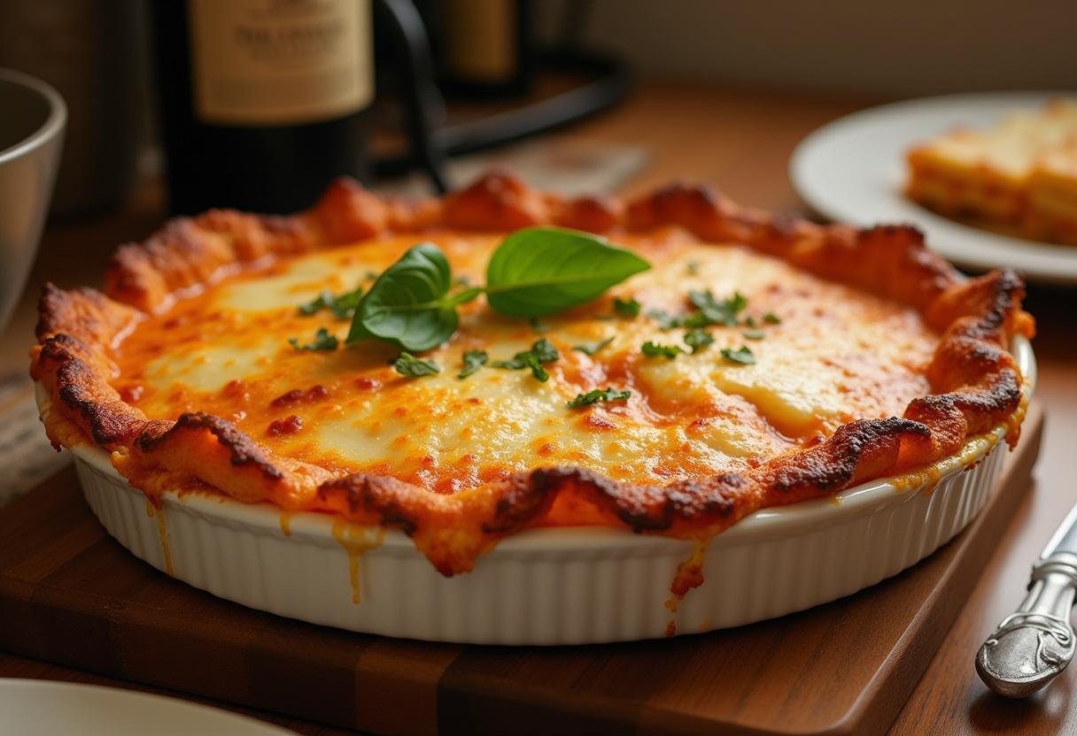 Lasagnes au poisson blanc et fruits de mer cuites à la perfection, présentées dans un cadre chaleureux et accueillant.