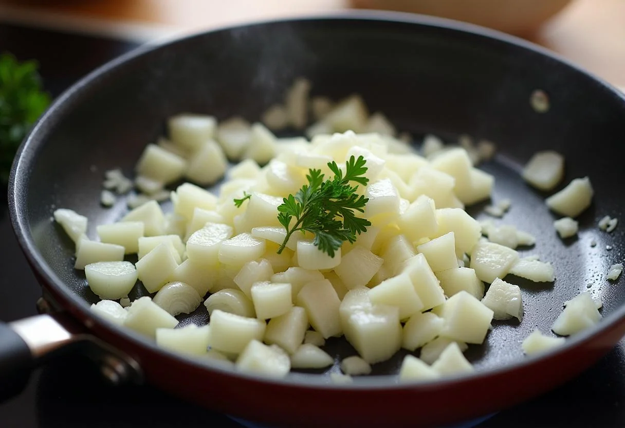 Faire sauter des oignons et des herbes fraîches pour les lasagnes au poisson, créant un mélange parfumé.