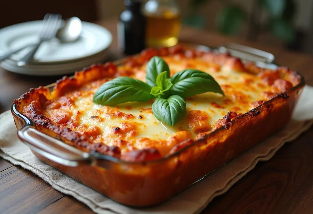 Plateau de lasagnes au thon dorées et bouillonnantes, décorées de feuilles de basilic, prêtes à être dégustées.
