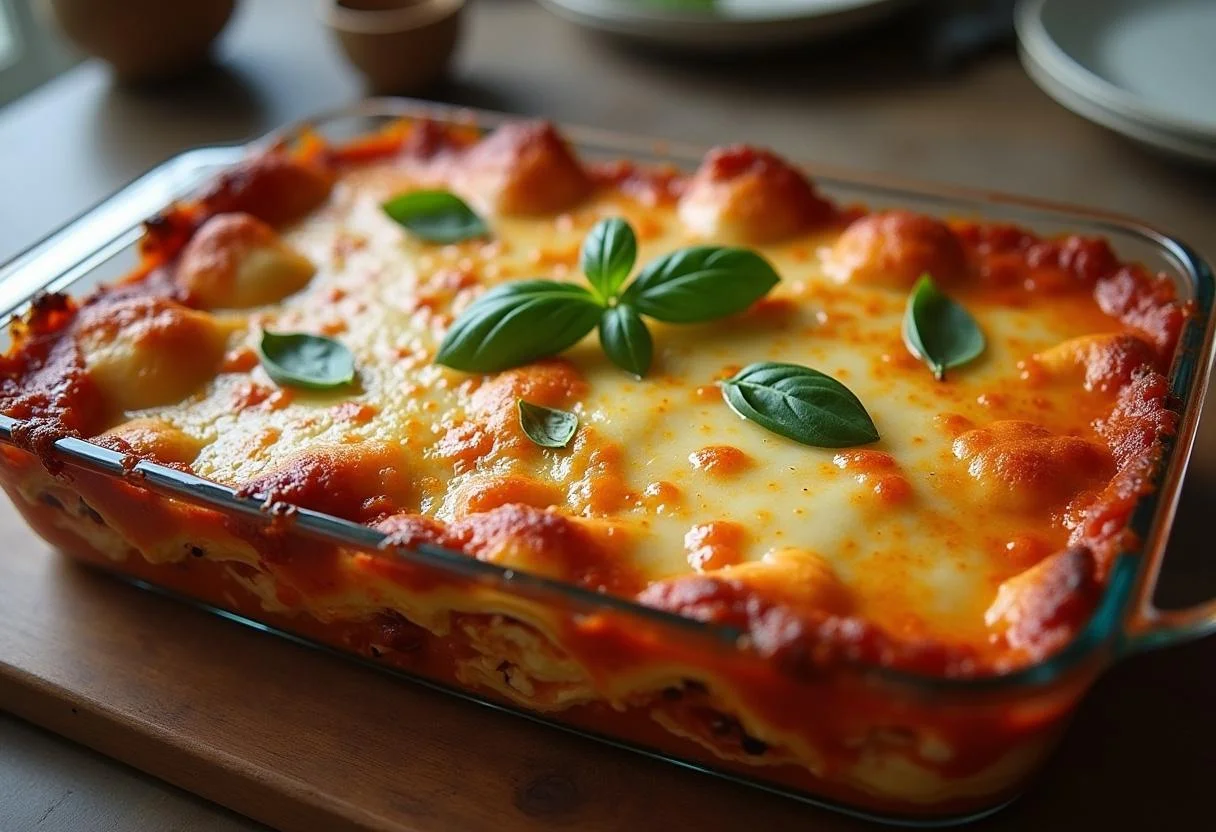 Plateau de lasagnes au thon dorées et bouillonnantes, décorées de feuilles de basilic, prêtes à être dégustées.