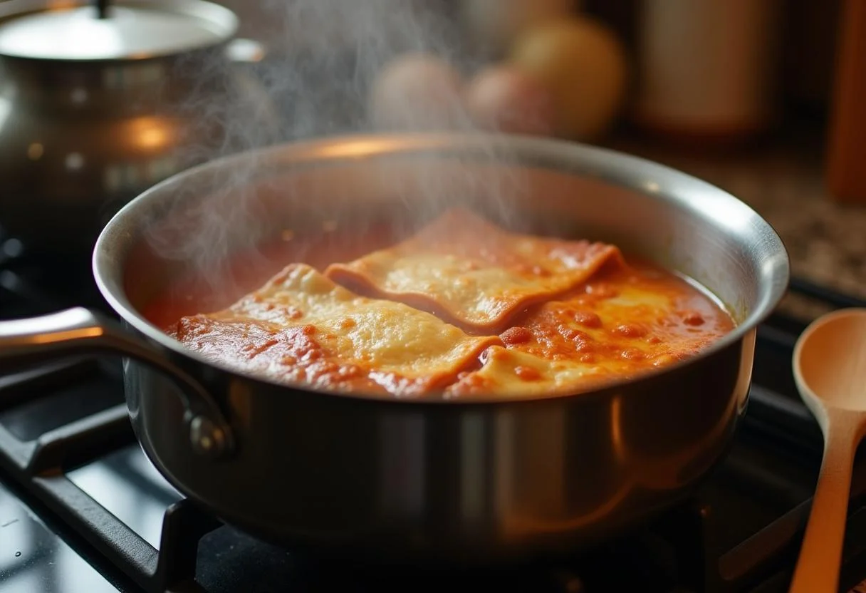 Préparation des lasagnes au thon avec des feuilles de lasagne bouillantes dans une casserole, créant une atmosphère chaleureuse.