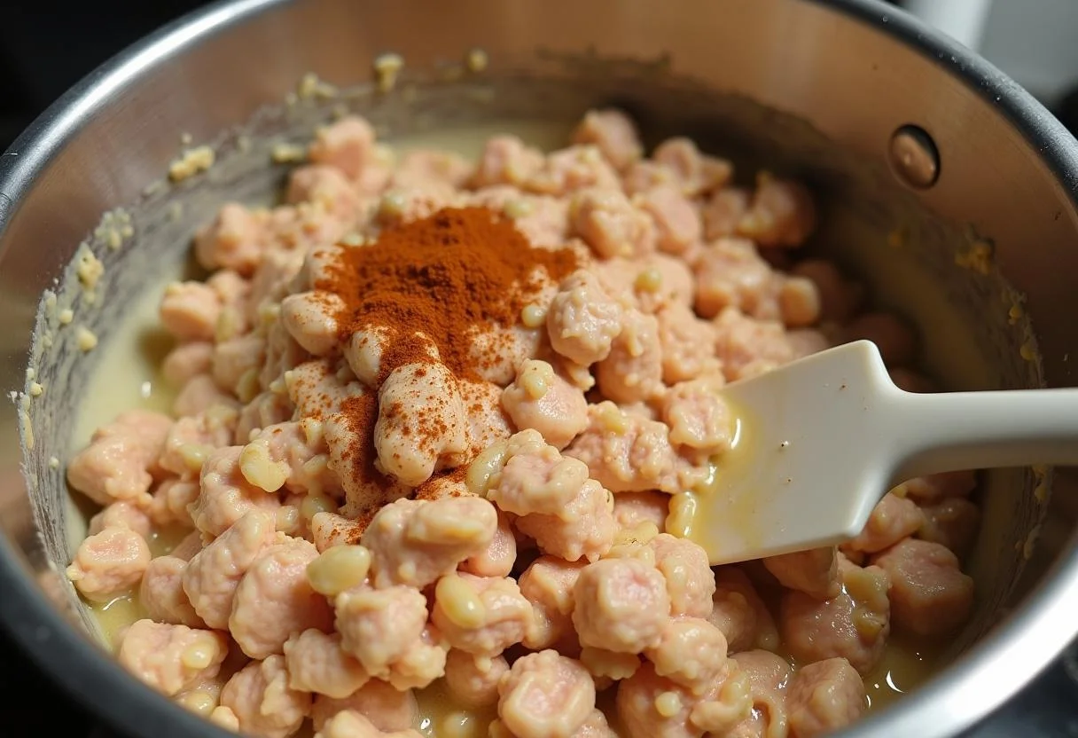 Mélange des ingrédients pour les lasagnes au thon dans un grand bol, combinant le thon en conserve avec de la crème et des épices.