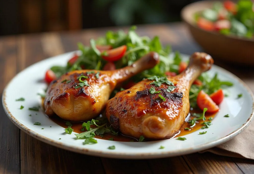 Présentation finale de pilons de poulet marinés et grillés, accompagnés d'une salade colorée pour un plat délicieux.