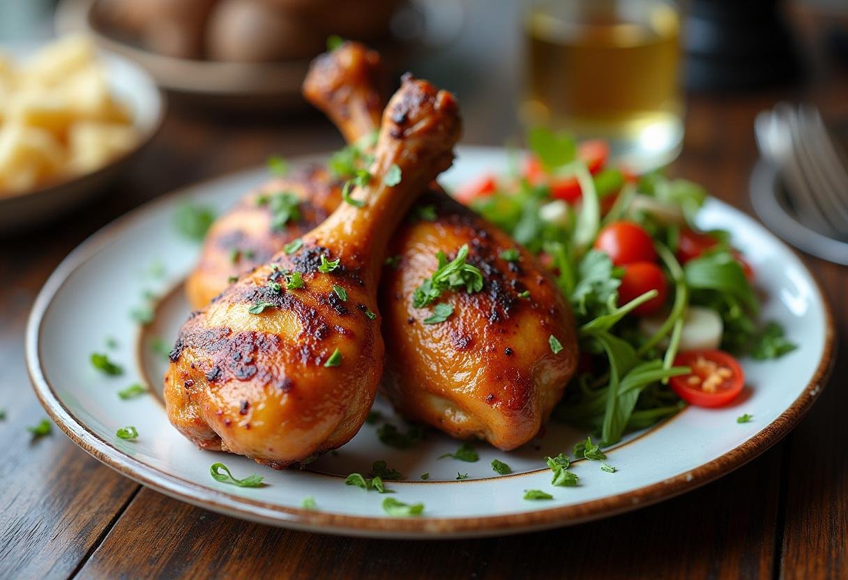 Présentation finale de pilons de poulet marinés et grillés, accompagnés d'une salade colorée pour un plat délicieux.