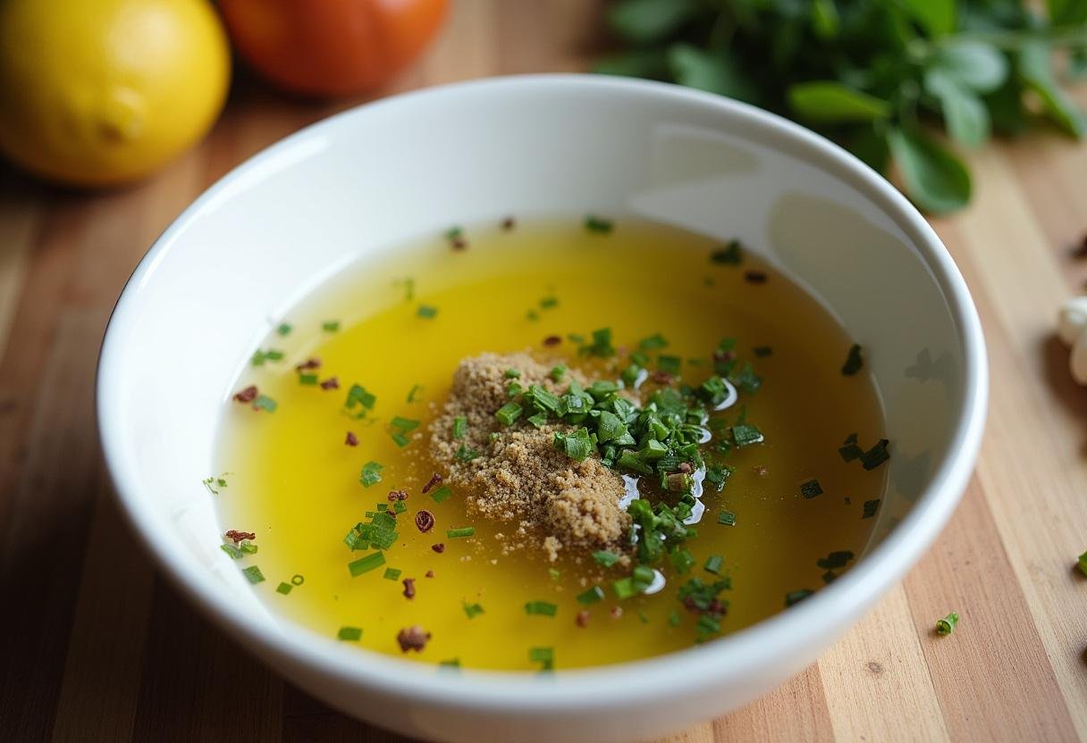 Préparation de marinade pour pilon de poulet avec de l'huile d'olive, du jus de citron et des herbes fraîches.