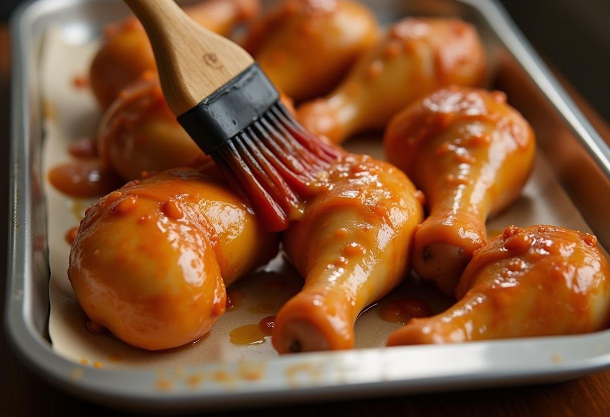 Enrobage des pilons de poulet avec une marinade aromatique avant la cuisson.