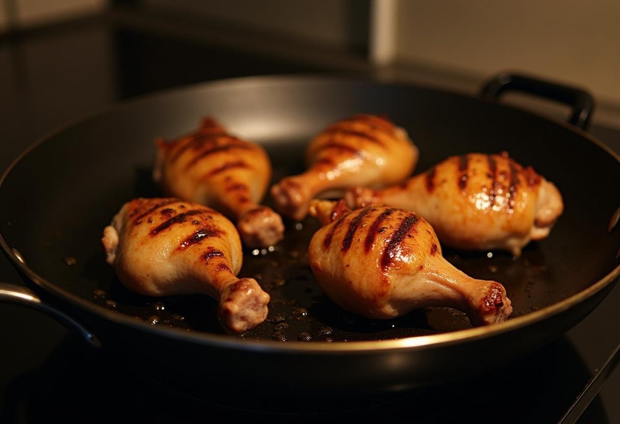 Cuisson des pilons de poulet marinés dans une poêle à griller, créant une belle texture grillée.