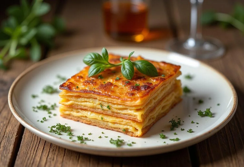 Un mille feuille de pomme de terre croustillant joliment dressé, prêt à être dégusté dans une ambiance chaleureuse.