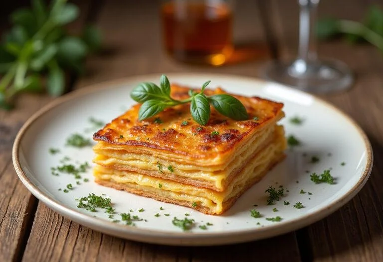 Un mille feuille de pomme de terre croustillant joliment dressé, prêt à être dégusté dans une ambiance chaleureuse.