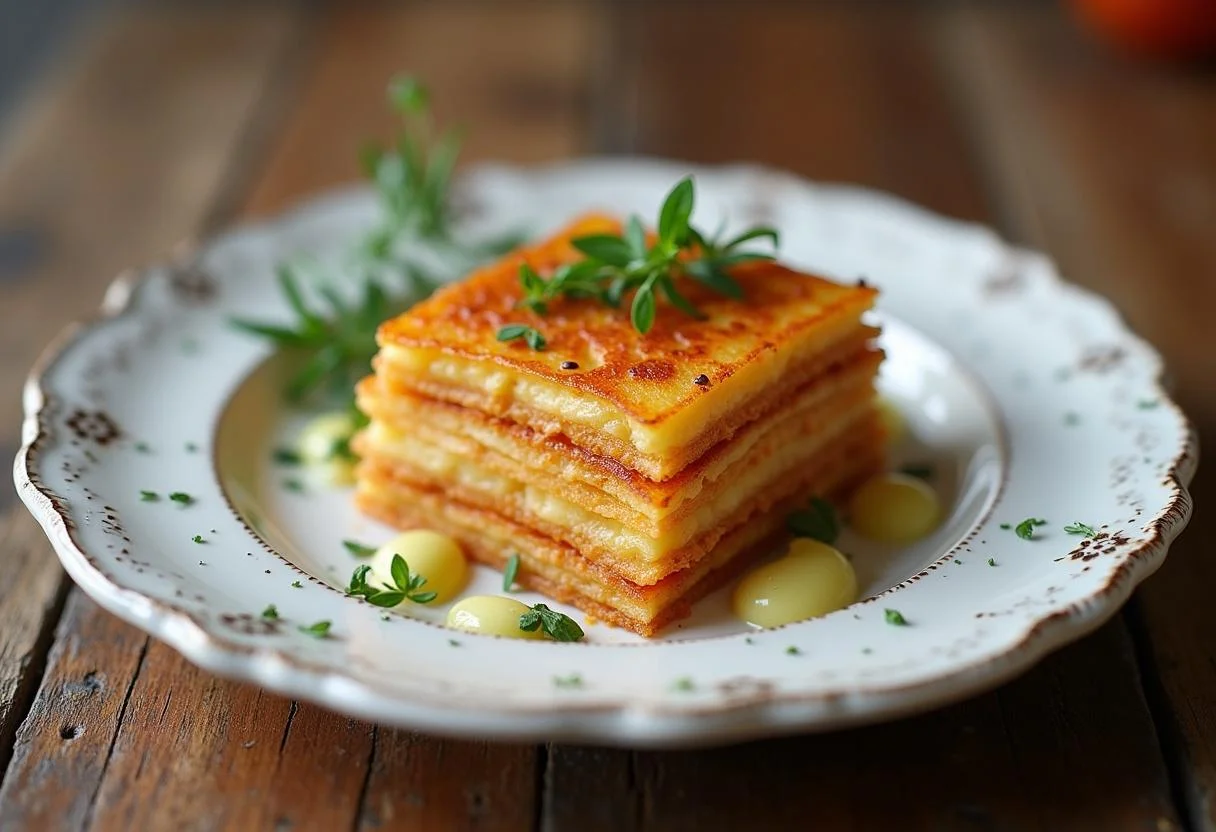 Un mille feuille de pomme de terre croustillant joliment dressé, prêt à être dégusté dans une ambiance chaleureuse.