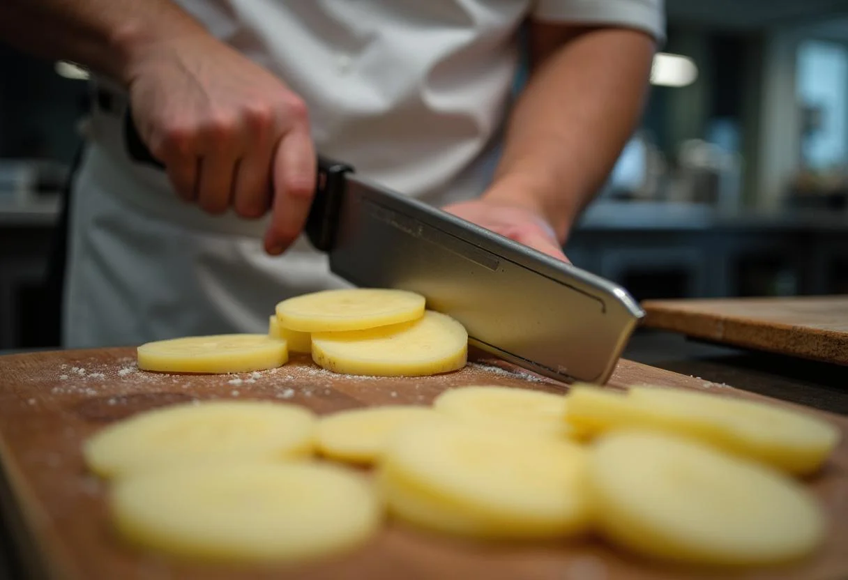 Un chef coupe avec soin des pommes de terre en tranches fines pour faire un mille feuille de pomme de terre croquant.