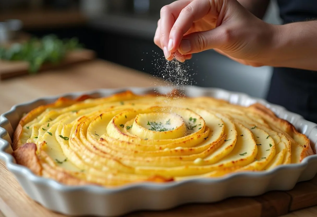 Le chef dispose des tranches de pommes de terre dans un plat de cuisson pour construire un mille feuille de pomme de terre savoureux.
