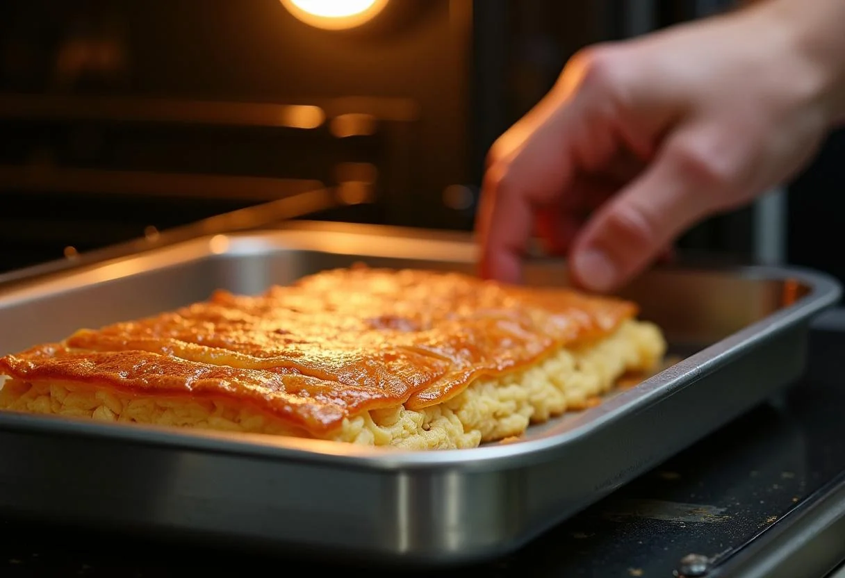 Un chef place le plat au four pour cuire le mille feuille de pomme de terre jusqu'à ce qu'il soit doré et croustillant.
