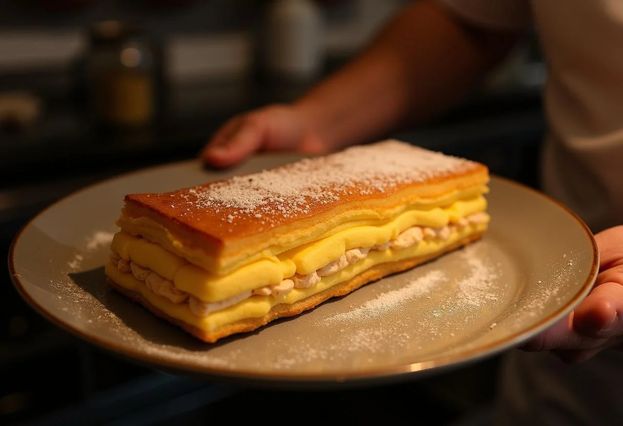 Le chef sort le mille feuille de pomme de terre doré du four et le laisse refroidir légèrement avant de le servir.