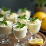 Présentation finale de la mousse au citron et mascarpone dans des verres, décorée avec des feuilles de menthe sur une table en bois rustique.