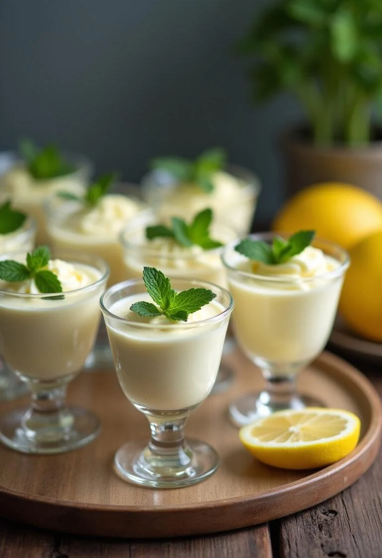 Présentation finale de la mousse au citron et mascarpone dans des verres, décorée avec des feuilles de menthe sur une table en bois rustique.