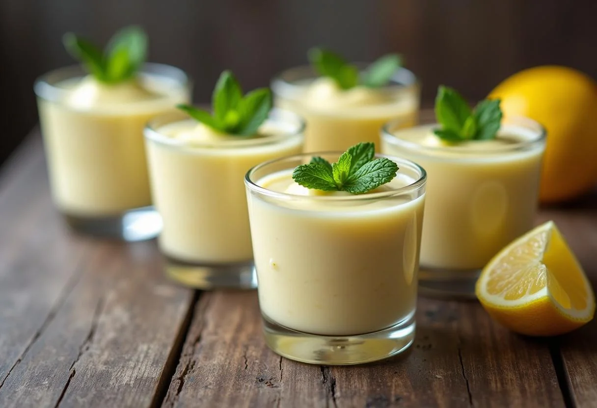 Présentation finale de la mousse au citron et mascarpone dans des verres, décorée avec des feuilles de menthe sur une table en bois rustique.