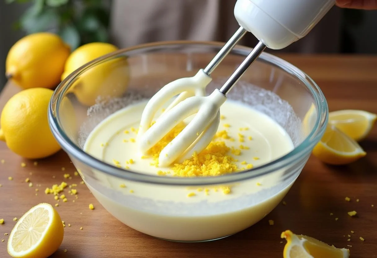 Préparation de la mousse au citron et mascarpone avec du fromage mascarpone crémeux et du jus de citron frais sur une table en bois.