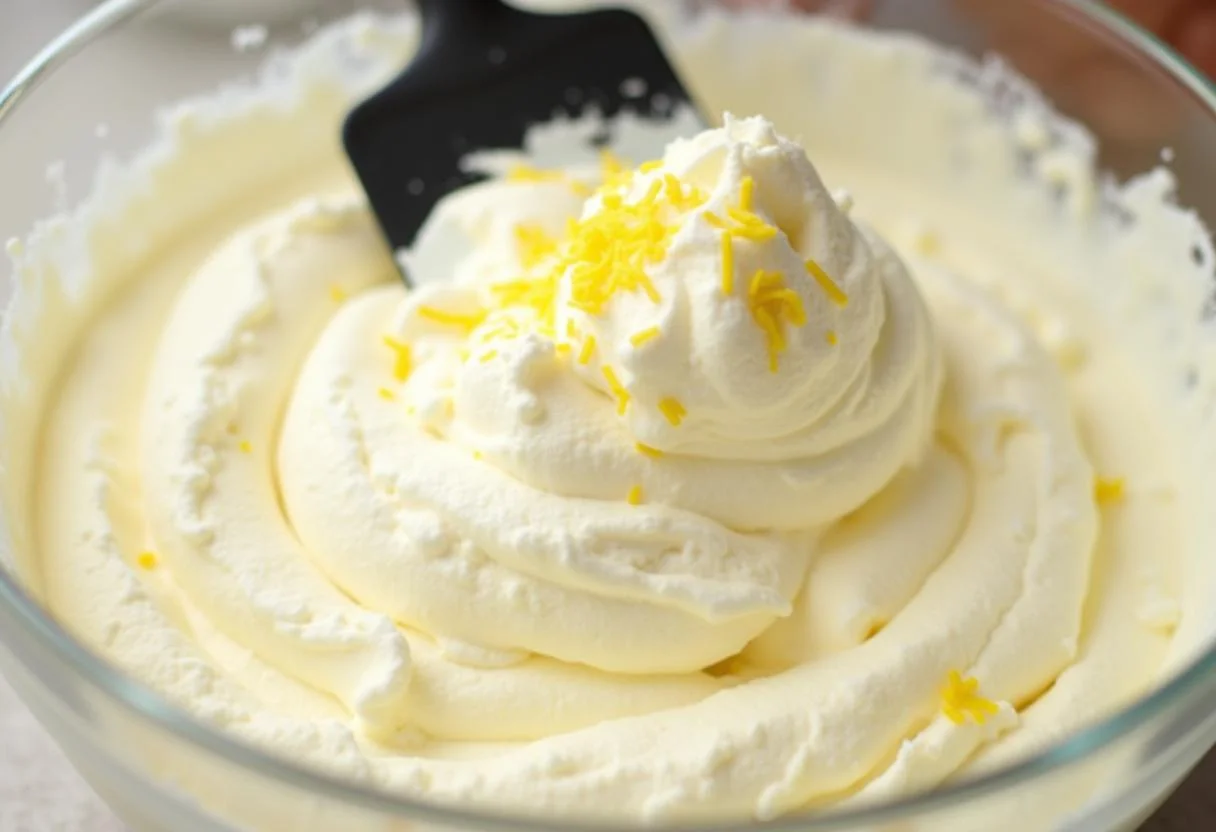 Incorporation de la crème fouettée légère dans la mousse au citron et mascarpone pour une texture aérée et délicate.
