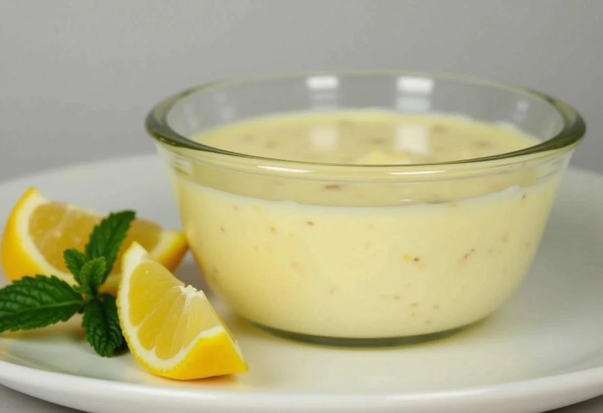 Mousse citron mascarpone prête à être réfrigérée, avec des tranches de citron et des feuilles de menthe pour la présentation.