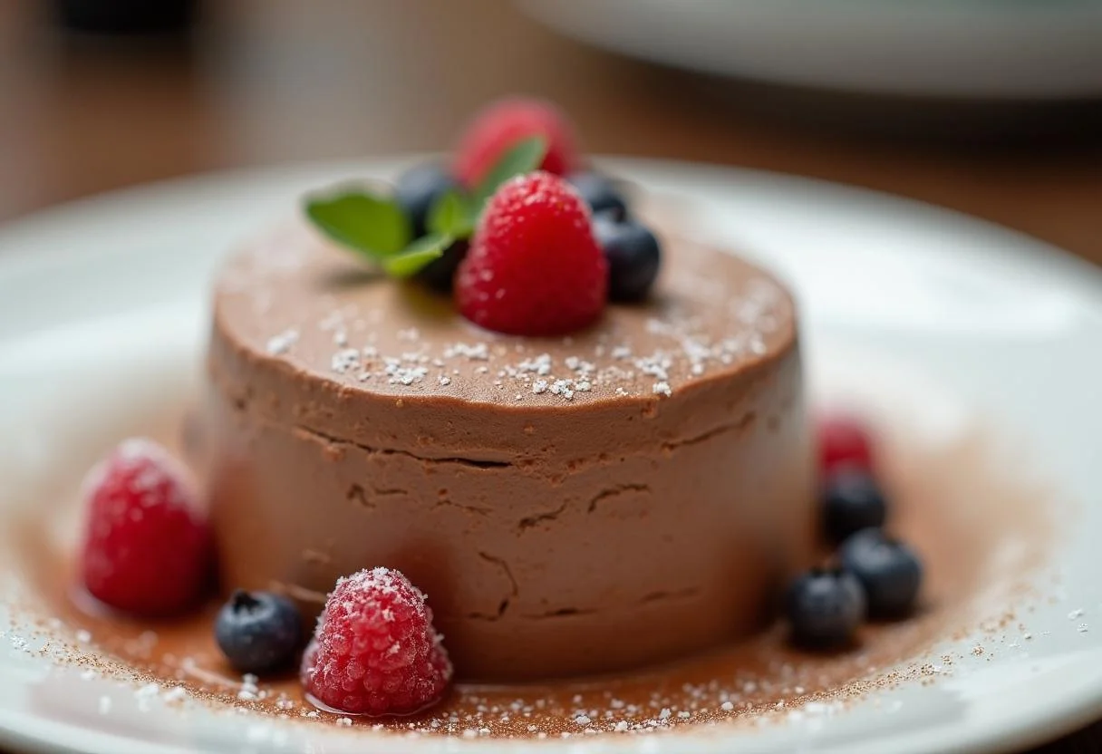 Détail d'une mousse au chocolat légère parfaitement dressée, mettant en valeur sa texture veloutée et garnie avec élégance.