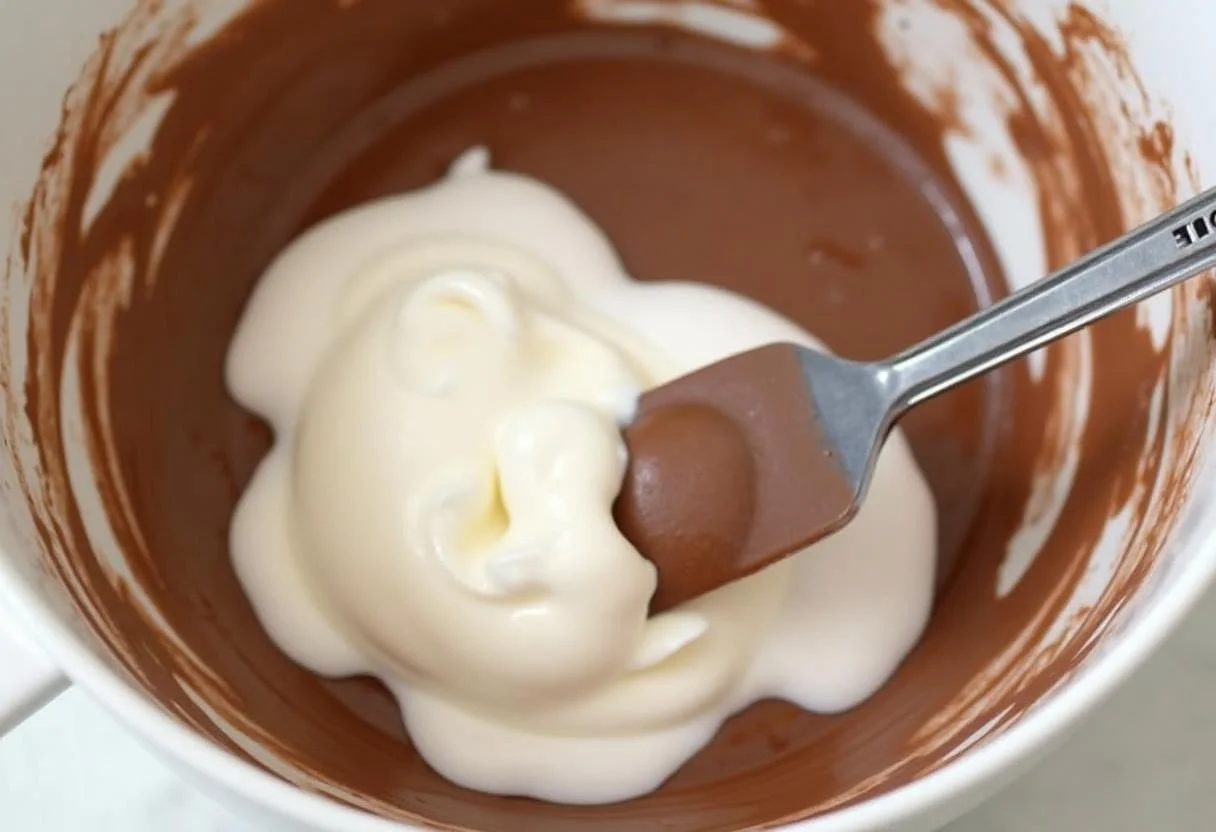 Incorporation délicate des blancs d'œufs dans le chocolat pour obtenir une mousse au chocolat légère et aérienne.