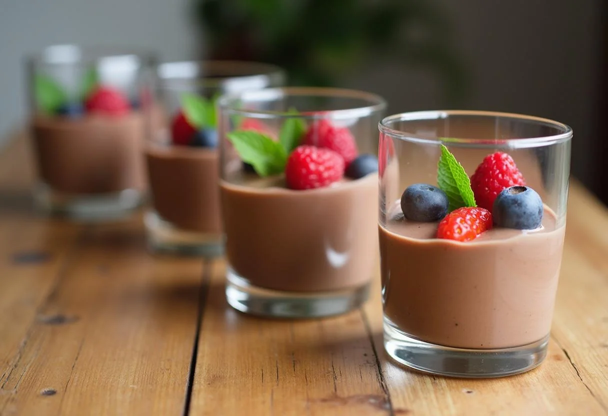 Petits verres élégants contenant une mousse au chocolat légère, ornés de baies fraîches, présentés sur une table en bois.