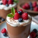 Mousse au chocolat vegan présentée avec des baies et de la chantilly vegan, mettant en avant sa texture crémeuse et son apparence délicieuse.