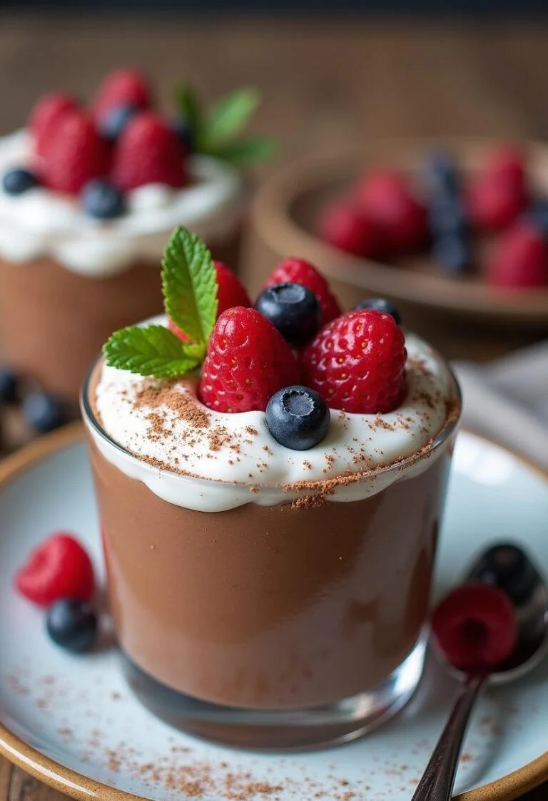 Mousse au chocolat vegan présentée avec des baies et de la chantilly vegan, mettant en avant sa texture crémeuse et son apparence délicieuse.