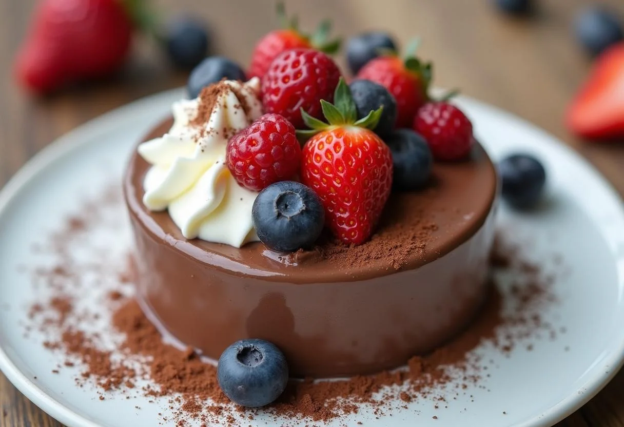 Mousse au chocolat vegan présentée avec des baies et de la chantilly vegan, mettant en avant sa texture crémeuse et son apparence délicieuse.