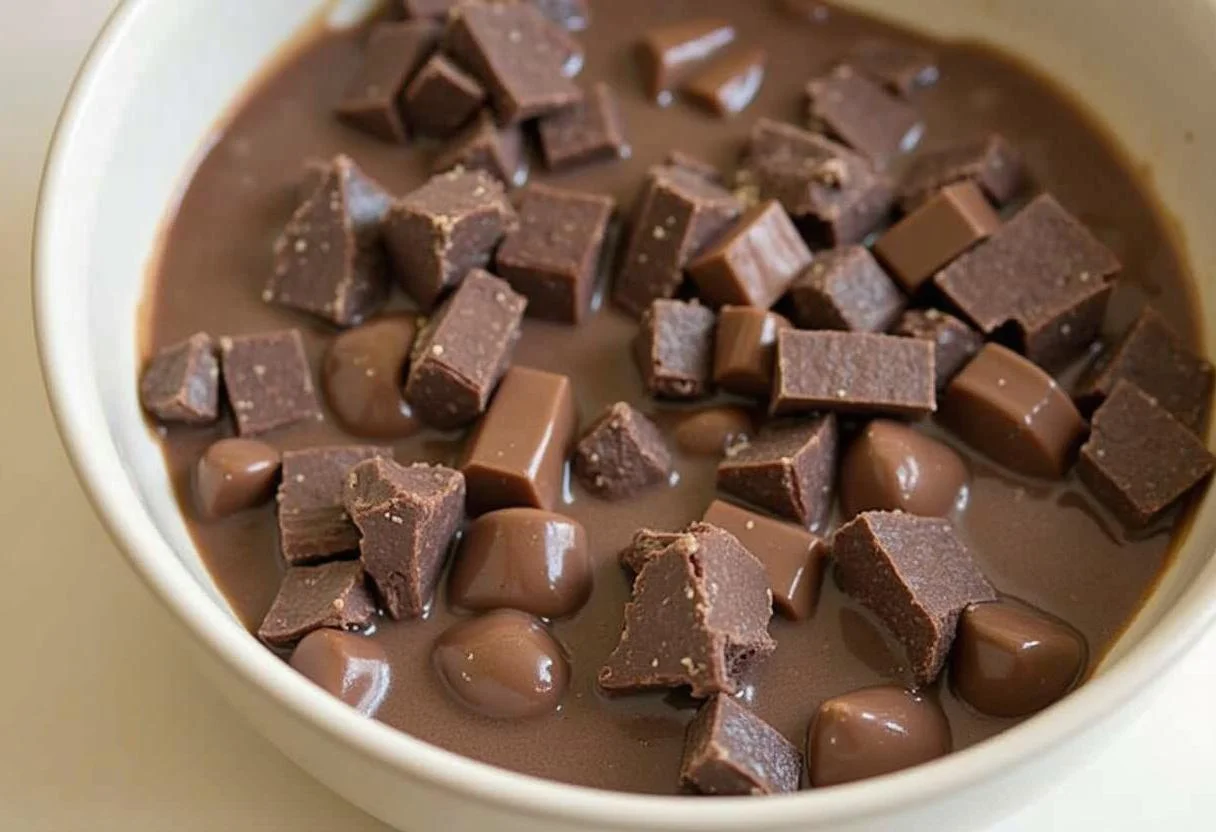 Mélange de chocolat noir vegan et de lait de coco fondant, illustrant le processus de fusion du chocolat pour une mousse au chocolat vegan sans oeufs.