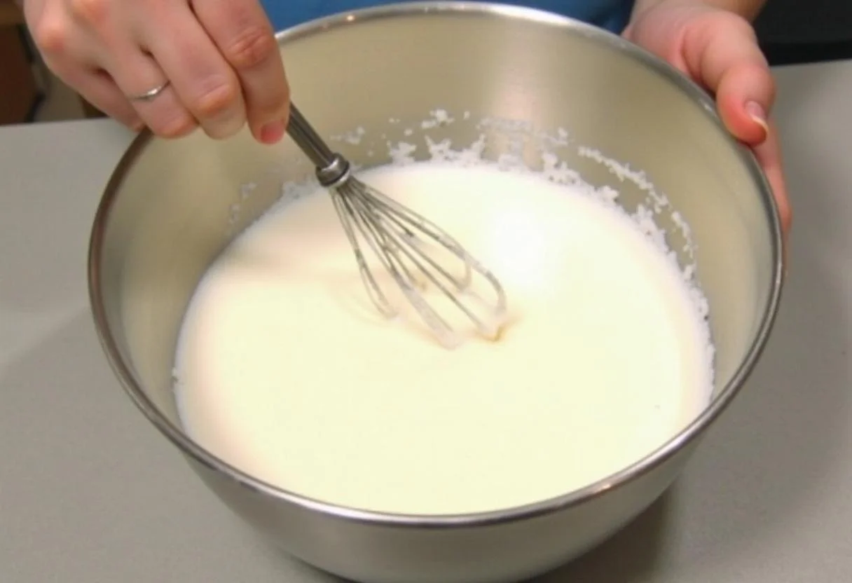 Aquafaba fouettée jusqu'à formation de pics fermes pour créer une mousse au chocolat vegan légère et aérée.