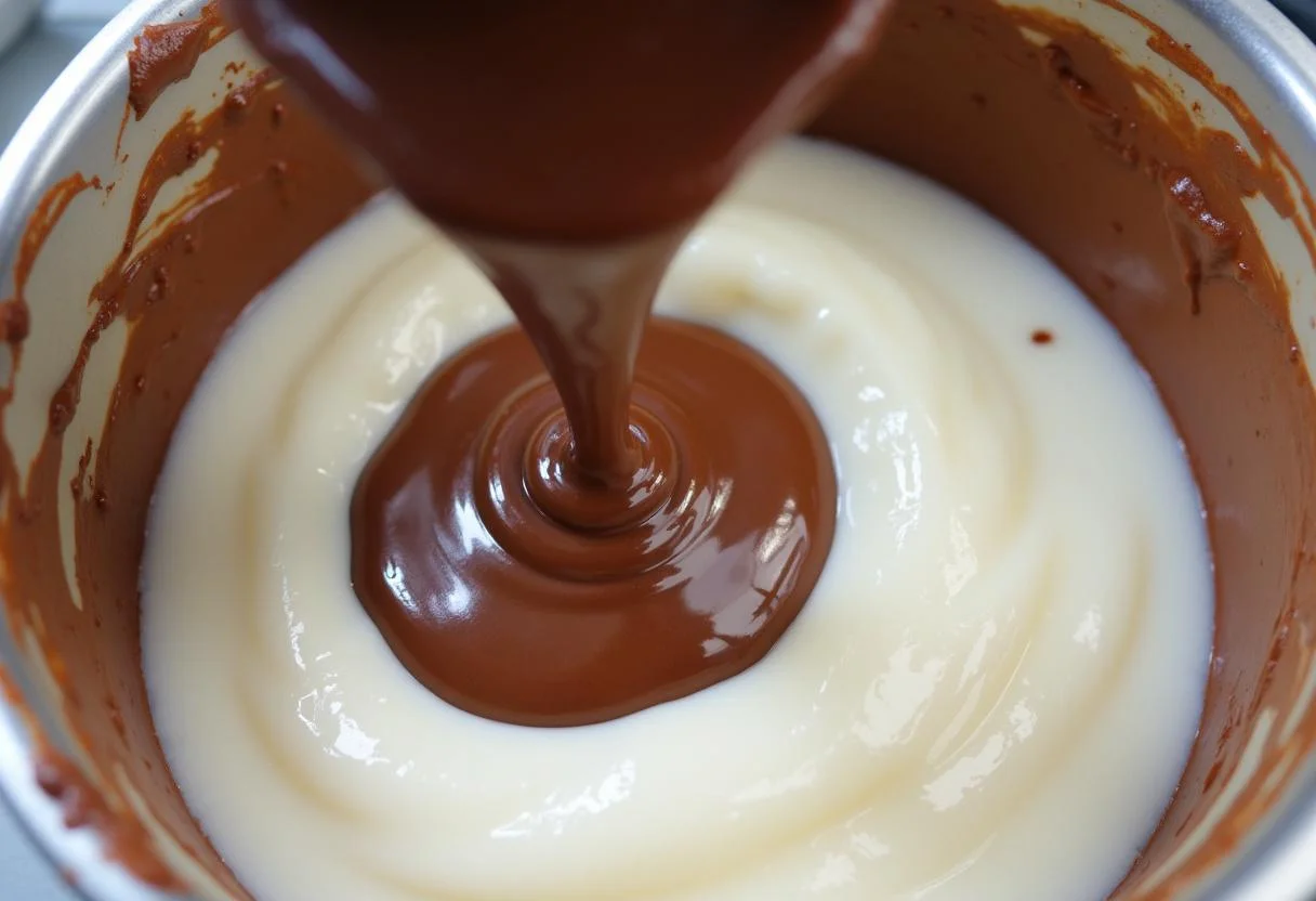 Incorporation délicate du mélange de chocolat dans l'aquafaba fouettée pour une mousse au chocolat vegan parfaite.