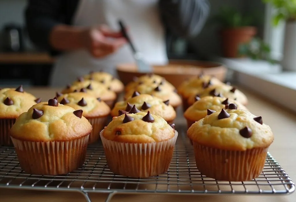 Muffins moelleux aux pépites de chocolat fraîchement cuits sur une grille, mettant en valeur leur couleur dorée et leurs pépites fondantes dans une ambiance de cuisine chaleureuse.