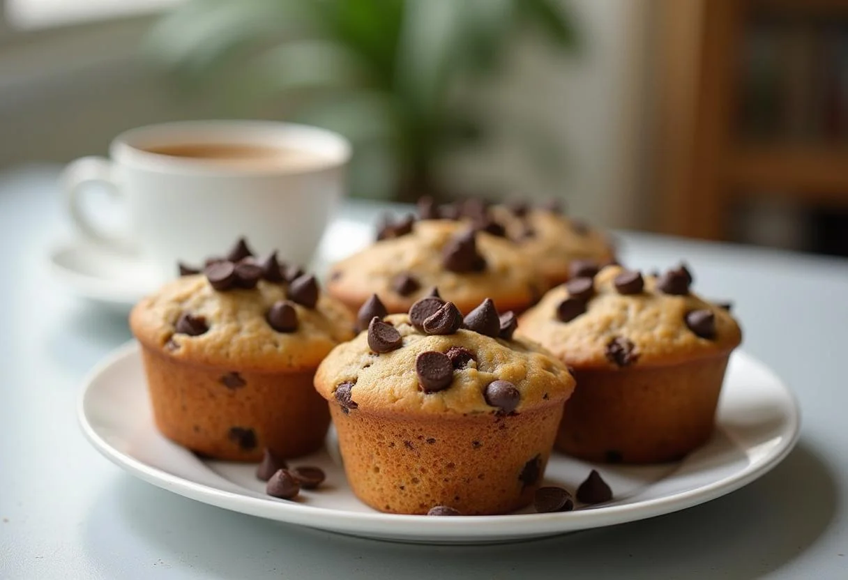 Muffins moelleux aux pépites de chocolat présentés sur une assiette, dessert aux pommes parfait pour le goûter.