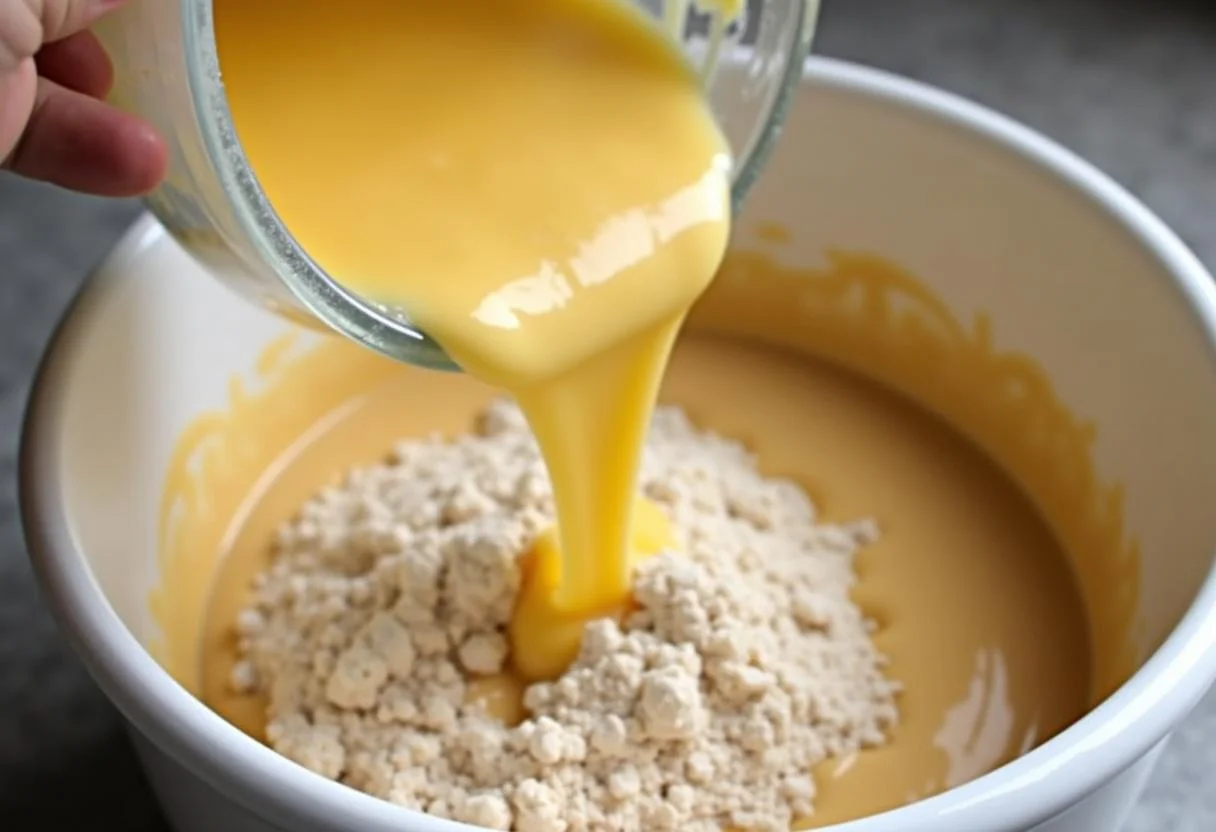 Mélange des ingrédients secs pour les muffins aux pépites de chocolat dans un grand bol, avec de la farine, du sucre et de la poudre à lever soigneusement fouettés ensemble.