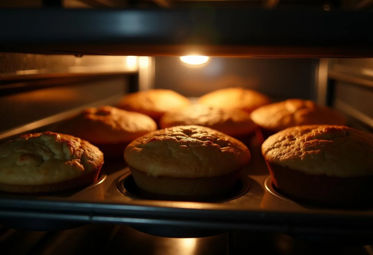 Muffins moelleux aux pépites de chocolat dans un four, recette de tarte aux pommes impressionnante.