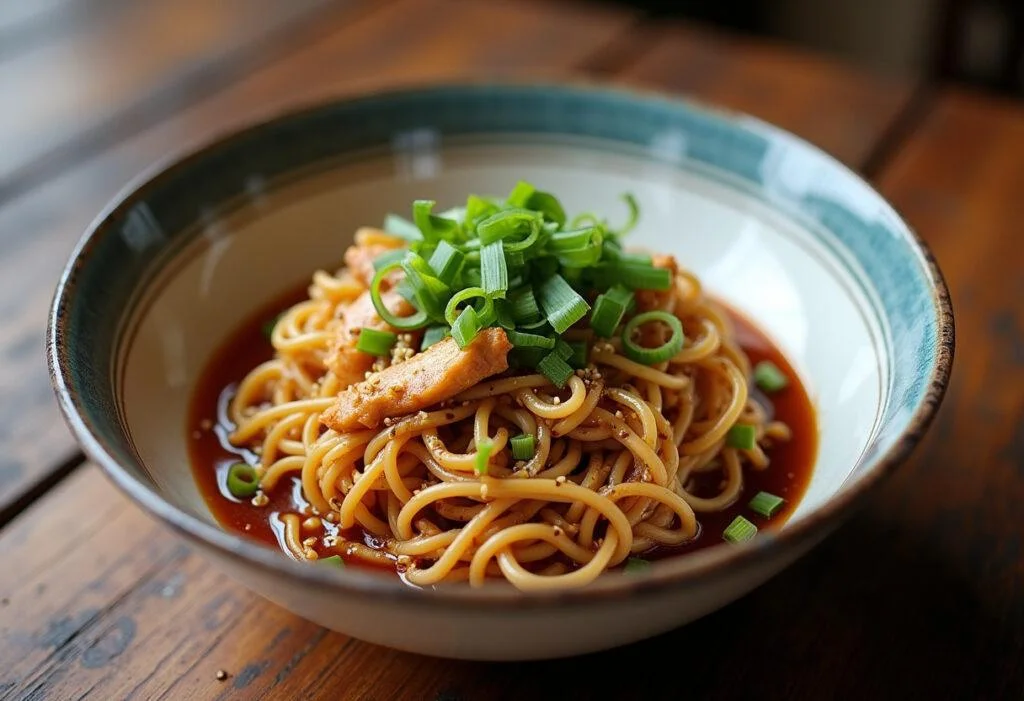 Bol de nouilles chinoises au poulet et sauce soja, présenté avec des oignons verts et des graines de sésame, prêt à être dégusté.